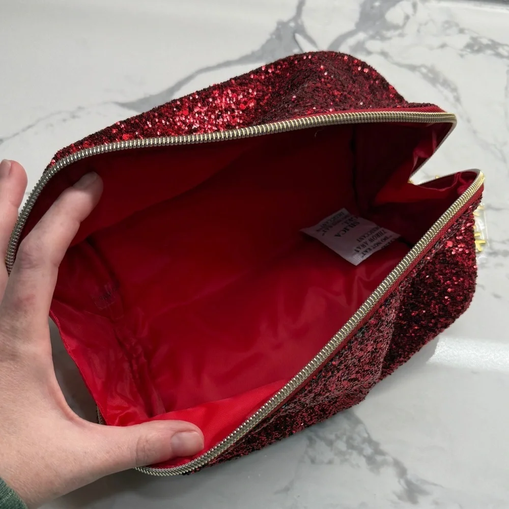 Christmas Holiday Red glitter cosmetic zip bag with gold snowflake charm new